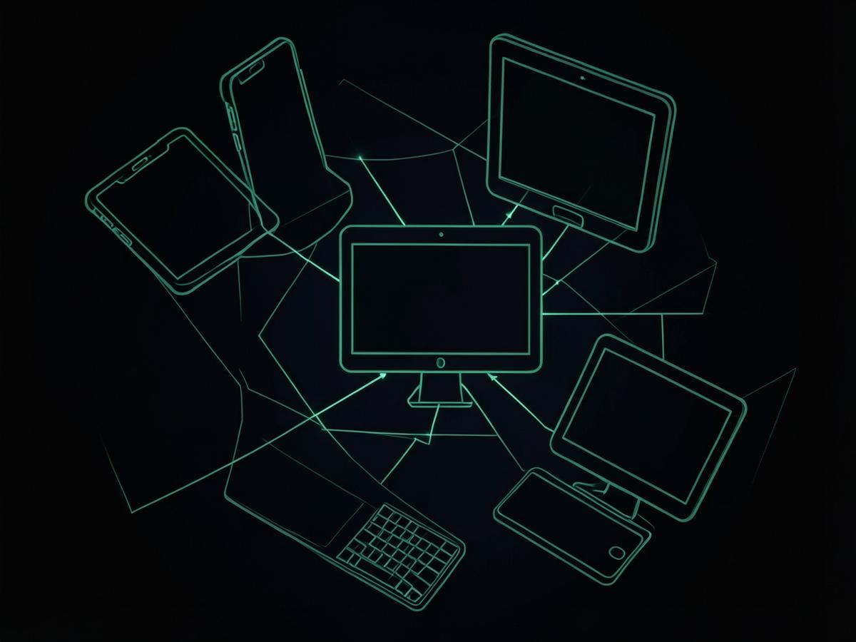 Illustration de smartphones, tablettes et ordinateurs connectés entre eux